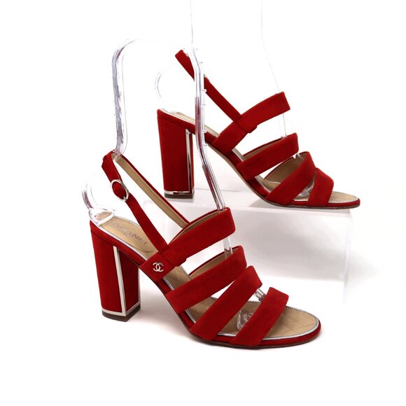 CHANEL 38 Red Suede Multi Strap CC Sandal High Heel Silver Logo & Trim - Picture 2 of 15